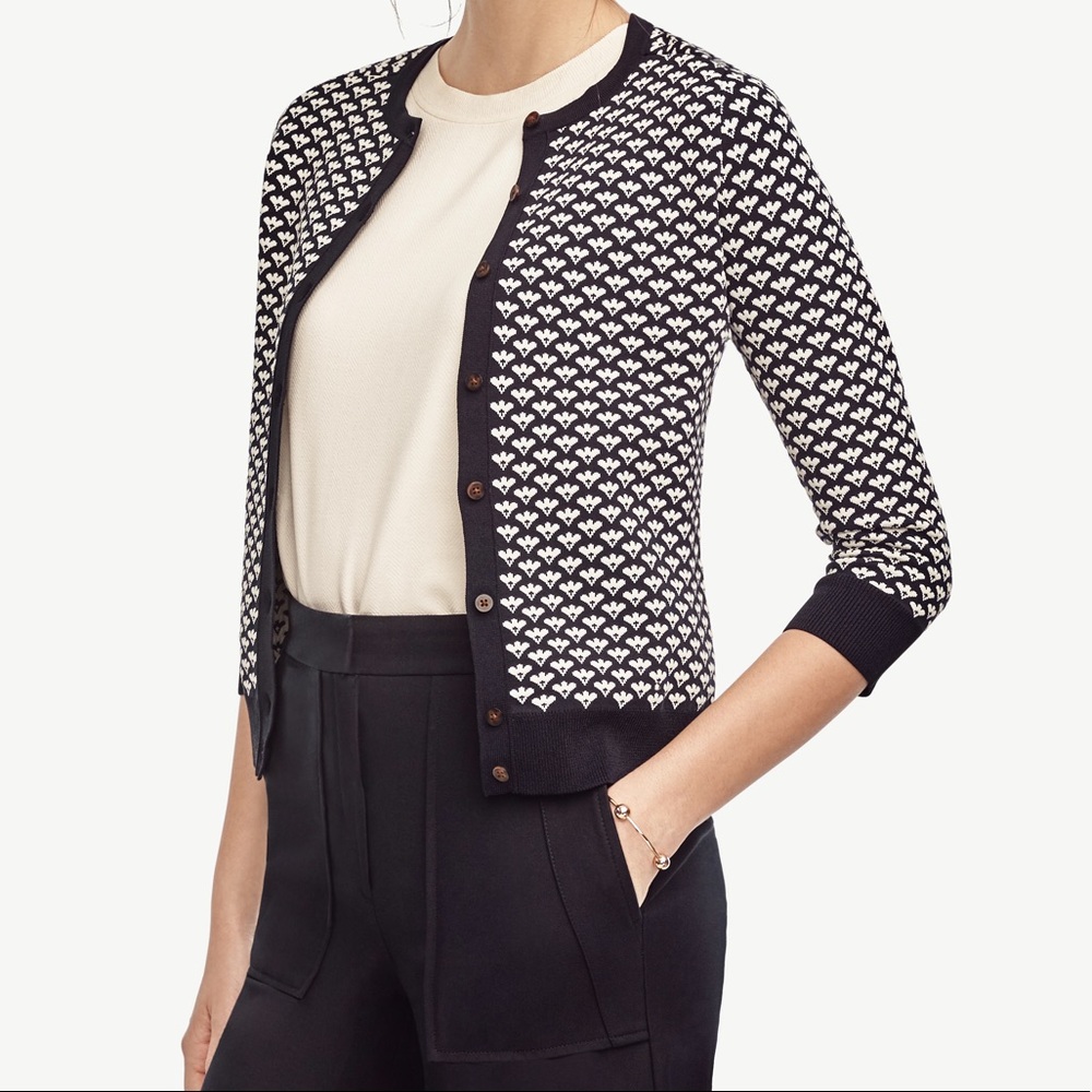 Ann Taylor Blue Deco Jacquard Ann Cardigan